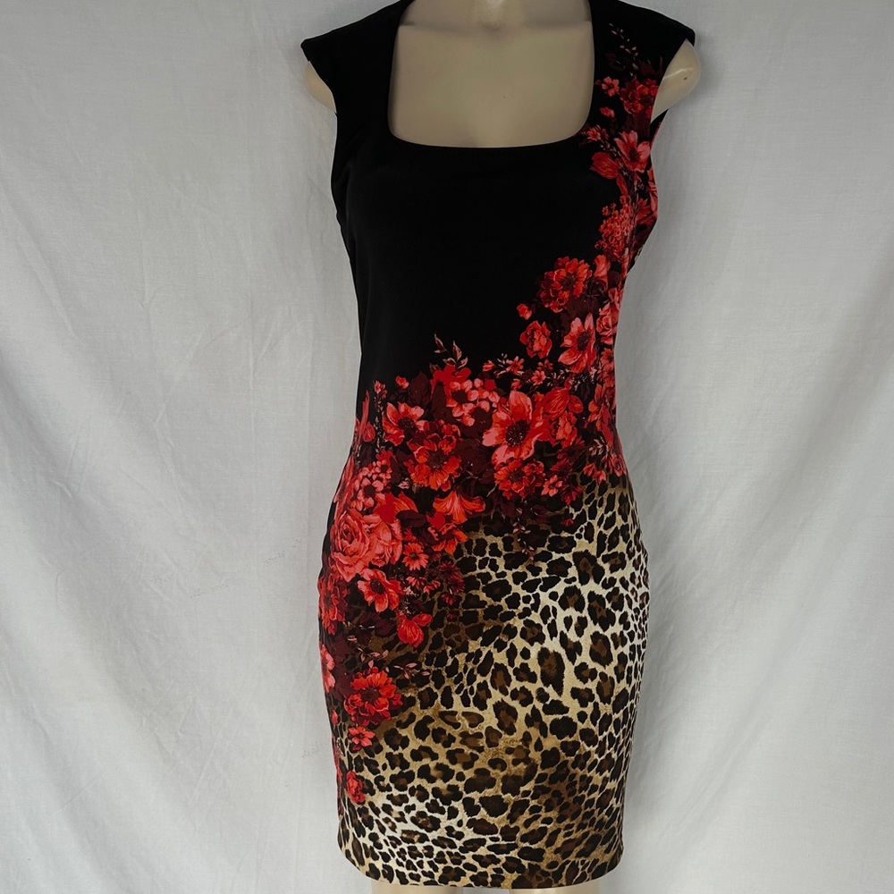 Cache Black and Red Floral Leopard Print Mini Dress size medium